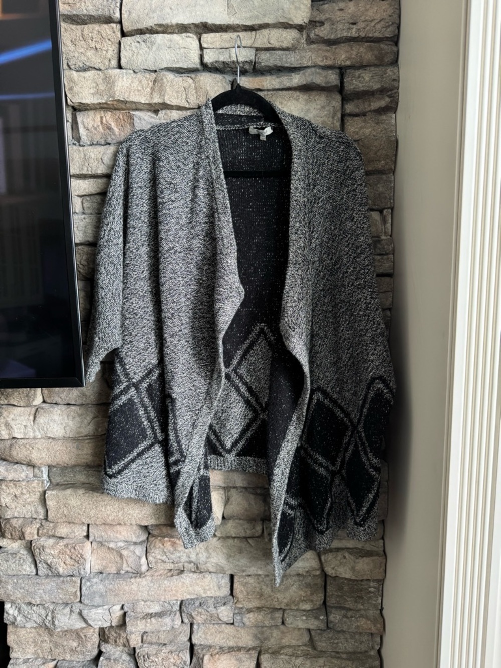 Madewell Gray and Black Open-Front Diamond Knit Cardigan